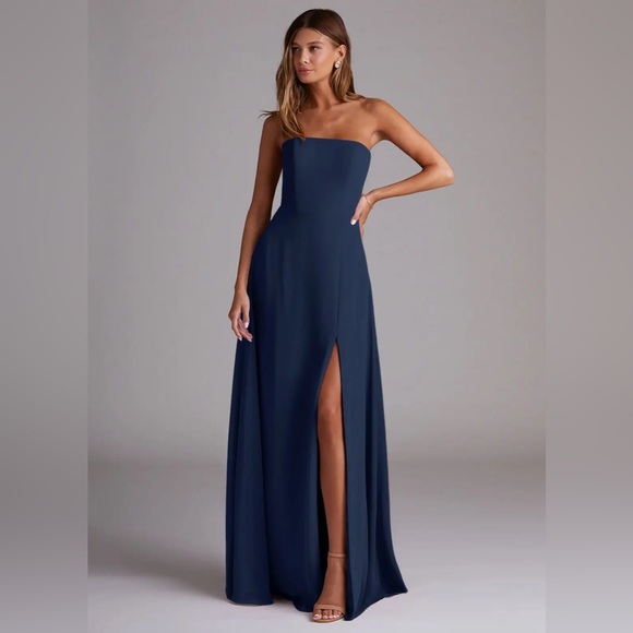 Azazie Wren Dark Navy A-Line Side Slit Chiffon Dress - Picture 2 of 13